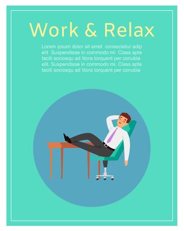 Work and relax with young caucasian businessman in office relaxing behind table cartoon vector illustration. Relaxing manager in business work concept poster.のイラスト素材