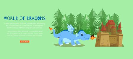 Word of fairy dragons with medieval castle and magical dragon spitting fire cartoon vector illustration. Fairytale web banner for children performance or webpage.のイラスト素材