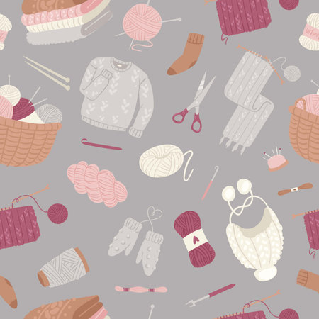 Knitting and knitwear seamless pattern with threads, knitted scarf, cap, sweater, yarn balls and...
