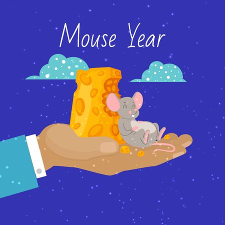 Mouse 2020 year symbol and pieces of cheese vector cartoon illustration of mouse happily nibbling on chunk of cheese. Mouse, symbol of 2020 year and cheese on hand banner.のイラスト素材