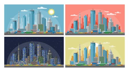 Urban city buildings vector illustrations set, morning, sunset, night and day cityscape, panoramas in diffrent time of daytime. Urban skyscrappers architecture landscape, downtown city.のイラスト素材