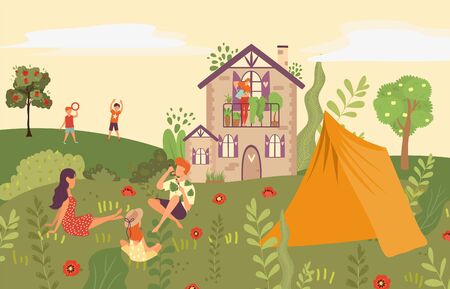 People in garden, picnic in backyard of country house, outside in summer nature with kids and tent flat vector illustration. Family with children playing in garden, on grass leisure activity.のイラスト素材