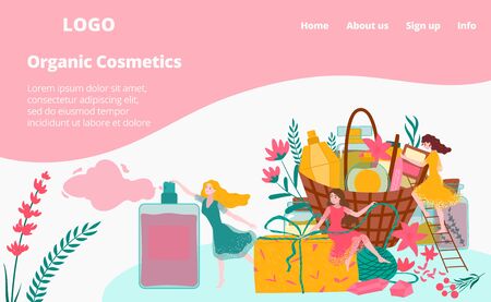 Organic cosmetics gift shop for women beauty and dermatology online web store flat cartoon vector illustration. Organic cosmetics and natural plants extracts, skin care presents webite, internet shop.のイラスト素材