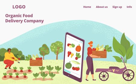 Web app for organic food delivery, healthy natural vegetables and fruits for vegeterians web page flat vector illustration. Man on bicyle with box of organic food and phone delivery application.のイラスト素材