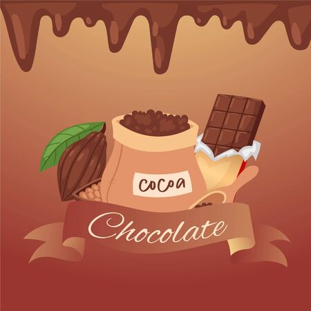 Chocolate banner, vector illustration cocoa bean. Natural quality product, sweet in colorful packaging. Lot cocoa beans in inscription bag. Melted flat chocolate flow down from above.のイラスト素材