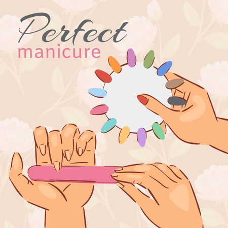 Manicure nail polish poster with choice of colorful false acrylic nails in modern polish shades vector illustration. Perfect manicure with cartoon ladies hands and polish.のイラスト素材