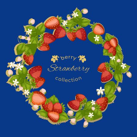 Strawbery berries and leaves wreath circle banner with typography isolated on blue cartoon vector illustration. Banner wreath with summer sweet fruit strawberries.のイラスト素材