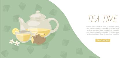 Tea time banner with aromatic herbal tea, ginge, chamomile, lemon and teapot vector illustration. Tea time party invitation web banner.のイラスト素材