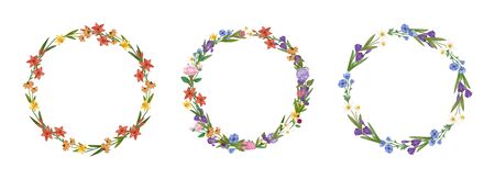 Floral wreath flowers frame collection set cartoon vector illustration. Flowers arranged in shape of wreath perfect for wedding invitations and birthday cards.のイラスト素材