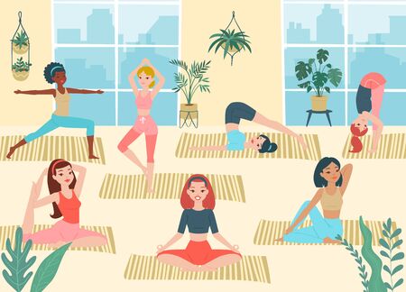 Cartoon yoga girls, young women exercise asanas poses, fitness characters vector illustration, yoga studio and fitness club. Healthy lifestyle, meditation, balance sport or stretching pose,relaxation.のイラスト素材