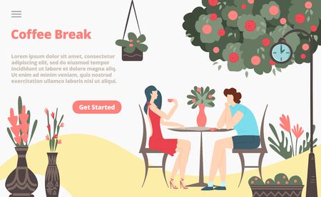 Coffee break with girl and boy couple sitting in cafeteria, drinking flat vector illustration for webpage, web app template. Street cafe for relax in work for breakfast, business lunch.のイラスト素材