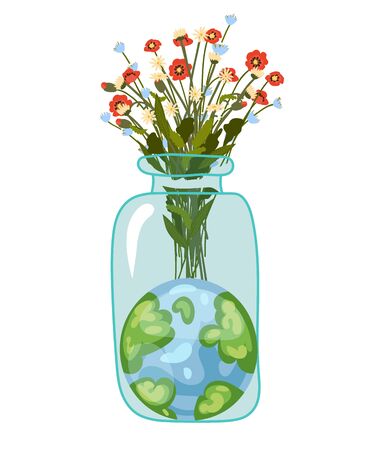 Planet earth and flowers eco enviroment, green nature, save the world concept isolated on white vector illustration. Blue earth growing flowers, ecology, enviromental and ecological symbol.のイラスト素材