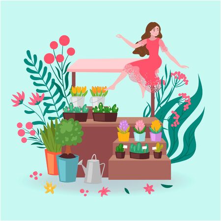 Florist girl with pots of flowers and plants, greenery, bouquets in floral shop, stall store market cartoon vector illustration. Fresh flowers store with daisies, tulips, succulents and watering can.のイラスト素材