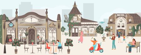 Streets, houses, buildings architecture of town with people rest in urban cafe, walk together, city scenes flat vector illustration. Old towns sights and landmarks, streets full of tourists.のイラスト素材