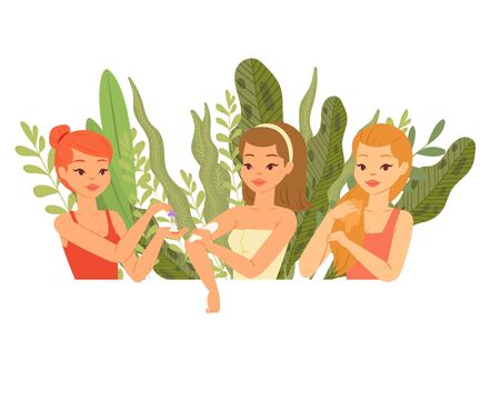 Girls test cosmetics from plants, organic herbs, natural creams flat vector illustration isolated on white background. Leaves with female characters testing natural cosmetical products. Cosmetology.のイラスト素材