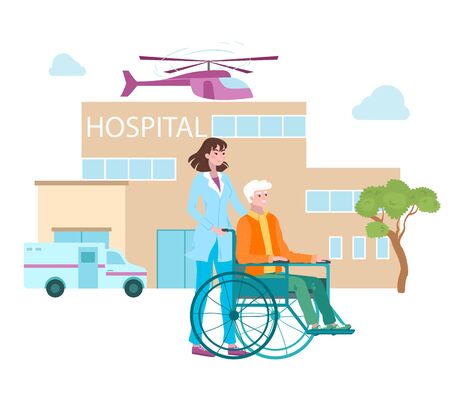 Medicine in hospital, clinic for disabled patients, healthcare and professional tratment cartoon vector illustration. Medical services with doctors and patients in hospitals. Paramedical transport.のイラスト素材