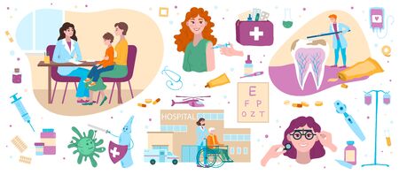 Doctors check in hospital child, vaccination for virus immunity health medicine by physician, healthcare set of vector illustrations and icons. Doctor medical treatment, stomatology, virus prevention.のイラスト素材