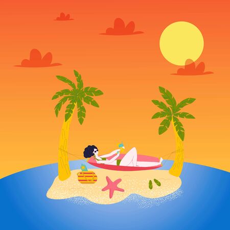 Hot tours, travel, vacation to tropical sea islands, woman in bikini sunbathing in sunset cartoon flat vector illustration. Sea resort tourism banner. Beach rest touristic seascape and ocean travel.のイラスト素材