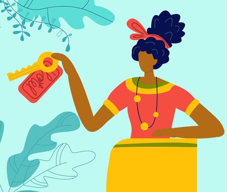 Hotel reception happy female receptionist holding key at desk, tourism service flat vector illustration. Dark skinned girl recepts tourists, hotels staff. Touristic banner in tropical countries.のイラスト素材