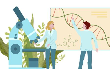 Medical labaratory scientists at covid-19 virus test and prevention vector flat illustration with doctor, laboratory microscope, dna. Coronavirus diagnostics lab isolated on white.のイラスト素材