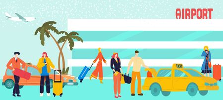 Tourists with baggage suitcases in airport taxi, travellers people put luggage to cars flat vector illustration. Airplane in air flight, man with bags at arrival touristic airport taxi transport.のイラスト素材