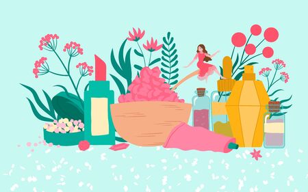 Organic cosmetics with plants, flowers, beautiful woman, skincare beauty products in bottles for ladies, flat vector illustration. Natural organic cosmetics and herbal treatment for beauty shops.のイラスト素材