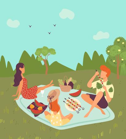 Happy family on picnic outdoor in nature or park landscape, weekend for father, mother and daughter together eating fruits cartoon vector illustration. Family with food on summer holidays picnic.のイラスト素材