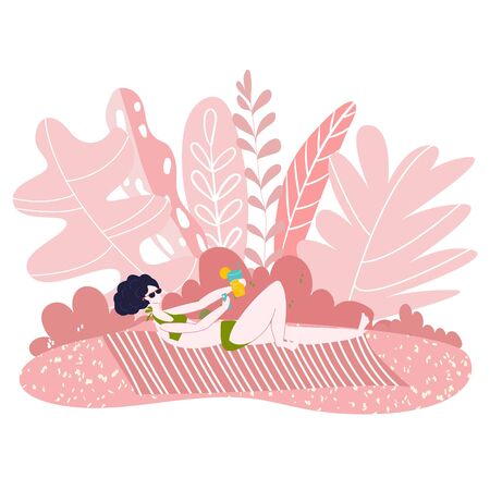 Woman in bikini sunbathing in sunset pink summer background cartoon flat vector illustration isolated on white. Resort on nature, beach and rest touristic hot summer landscape and park, garden.のイラスト素材