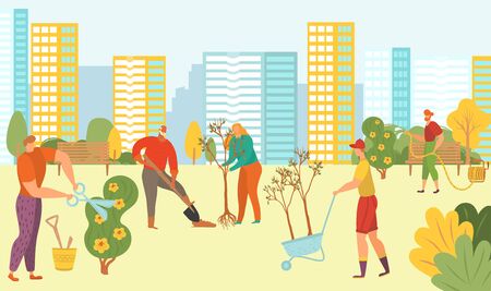 People planting trees in city park, nature, green ecolodgical volunteers with new plants on cityscape background flat vector illustration. Plantations of greenery in city park volunteering social work.のイラスト素材