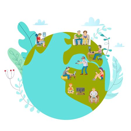 People play virtual games on mobile phone, tablet, playstations on Earth globe, playing on planet cartoon isolated vector illustration. Virtual reality, internet games and social communication online.のイラスト素材