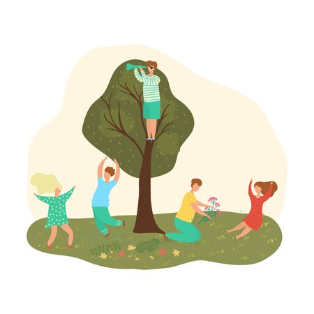 Children play outdoor in summer, playground with kids boys and girls isolated vector flat illustration, rest and vacation. Children playing and having fun in park, recreation on nature, childhood.のイラスト素材