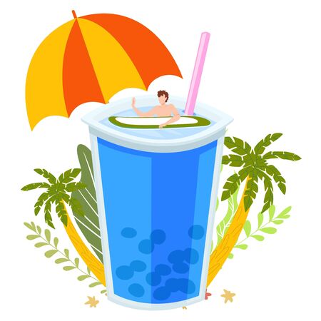 Summer tropical vacation, beach bar concept of sea holidays isolated on white flat vector illustration with cocktail, palms, umbrella. Best summer ocean and sea drink and man swimming in cokctail.のイラスト素材