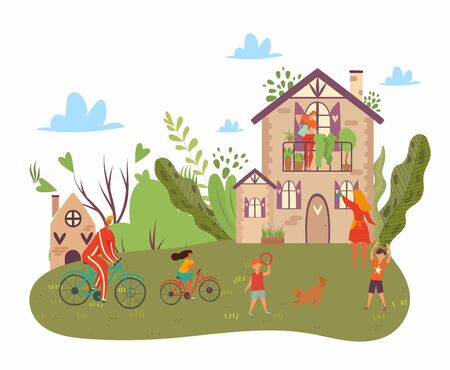 Happy family summer day, father on bicycle, mother and kids play with dog in nature, countryside cartoon flat vector illustration. Family vacation in country house in rural landscape.のイラスト素材