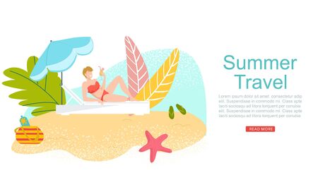 Summer travel, vacation to tropical sea islands, woman in bikini with coctail on beach web banner cartoon flat vector illustration. Sea resort travelling. Beach rest traveller girl, seascape.のイラスト素材