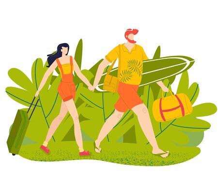 Summer vacation, holidays, man and woman vacationist with luggage walk on tropical leaves background, flat vector illustration. Travelling and vacation, tourists characters isolated on white.のイラスト素材
