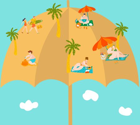 Summer vacation on funny beach, bodypositive people sunbathing, tropical palms and sand on big sandy umbrella flat vector illustration. Vacation and holidays rest on beach, man and woman in swimsuits.のイラスト素材