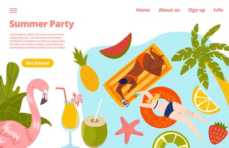 Summer pool party with people in swimming pool holiday, palms and parasol umbrella, beach, flamingo and coctals website template vector illustration.のイラスト素材