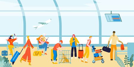 Tourists with baggage suitcases in airport, travellers people at terminal in airports lounge flat vector illustration. Airplane in air and travel flight, man with luggage truck, departure and arrival.のイラスト素材