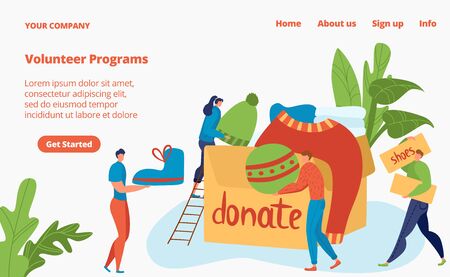 Volunteers donate cloths and things boxes, social help, charity, care for homeless and support website template vector illustration. Volunteering, voluntary workers with donation boxes landing page.のイラスト素材