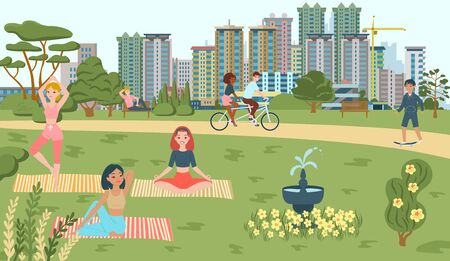 People do sport in park, yoga, bicycling, scating recreations in summer, walkway playground and attractions fountain cityscape flat vector illustration. Lifestyle in park outdoor, sport and leisure.のイラスト素材