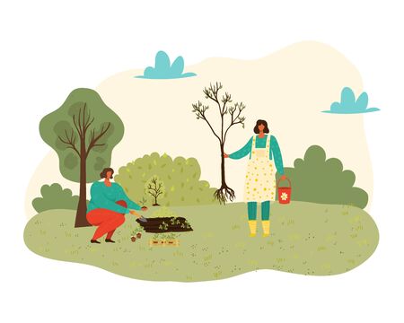 People planting trees, plants and gardening at nature, women with tools in garden isolated vector illustration. Farmers and gardeners in summer growing harvest, earth beds with vegetables, fruit tree.のイラスト素材