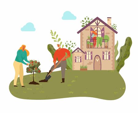 People planting tree in garden with country house, plants and gardening at nature, men with showel in garden isolated vector illustration. Gardeners in summer growing fruit tree.のイラスト素材