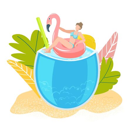 Summer tropical vacation, girl on sea swimming in gum flamingo, beach bar concept of sea holidays isolated on white flat vector illustration with cocktail, palms, umbrella. Best summer sea drink card.のイラスト素材