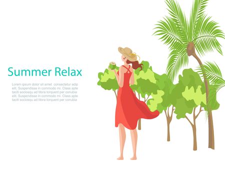 Summer banner with relaxing girl on beach on vacation vector illustration. Young woman in red dress relax on holiday and palm trees. Travel relaxation concept, tropical recreation lifestyle.のイラスト素材