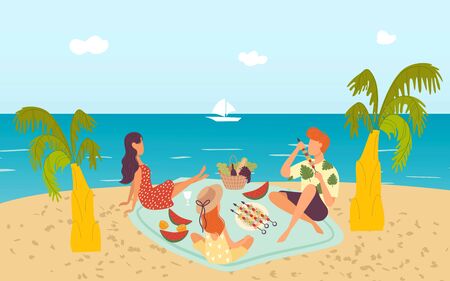 Family at tropical beach picnic near sea enjoying holiday vacation together on sand, palms and seascape flat vector illustration. Father, mother and daughter have fruits picnic party.のイラスト素材