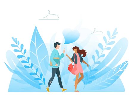 Happy best friends having good time together, going out and talking, friendship flat vector llustration isolated on white. Friendly students young man and woman, friendship concept.のイラスト素材