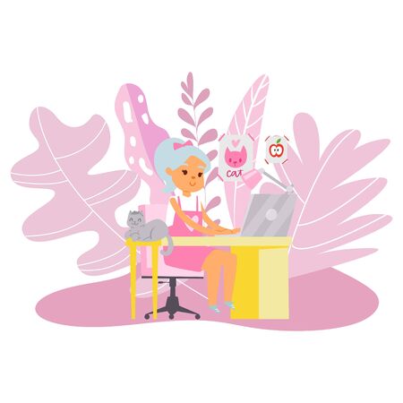 Busy young business woman working at desk typing on laptop, remote work, office at home, cute cartoon character girl with cat in pink colors vector illustration. Working with computer female.のイラスト素材