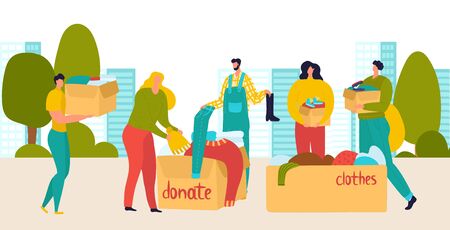 Volunteers donate people with cloths and things boxes, social help, charity, care for homeless and support flat vector illustration. Volunteering, voluntary workers with donation boxes on cityscape.のイラスト素材