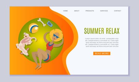 Summer relax vacation taking sun baths in park or beach with happy woman and dog cartoon web template vector illustration. Caucasian woman on vacation in swinsuit top view. Website for sea vacation.のイラスト素材
