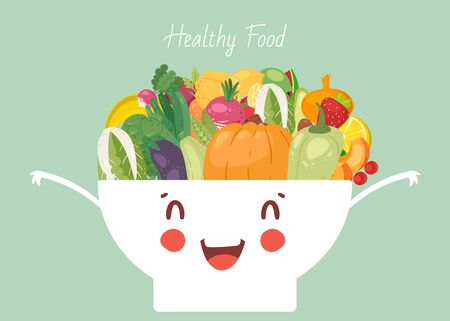 Healthy food vegetables in cute bowl cooking collection vector illustration.のイラスト素材